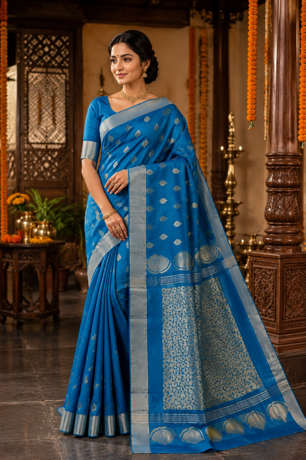 Royal Blue Handloom Cotton Saree with Silver Zari Buti & Elegant Woven Pallu