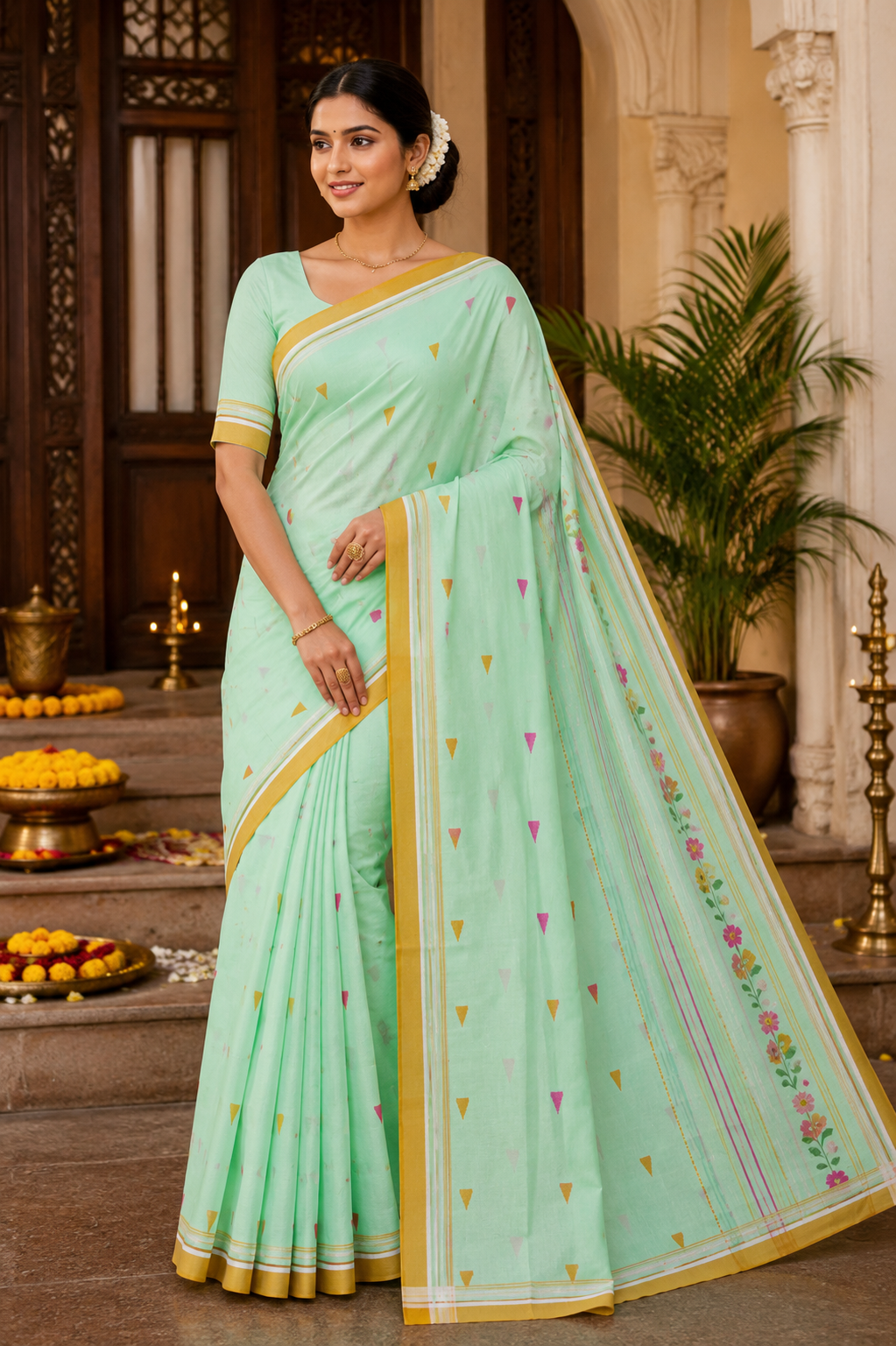 Premium Handloom Tant Cotton Saree for Women – Mint Green Floral Printed Bengali Traditional Saree with Mustard Border