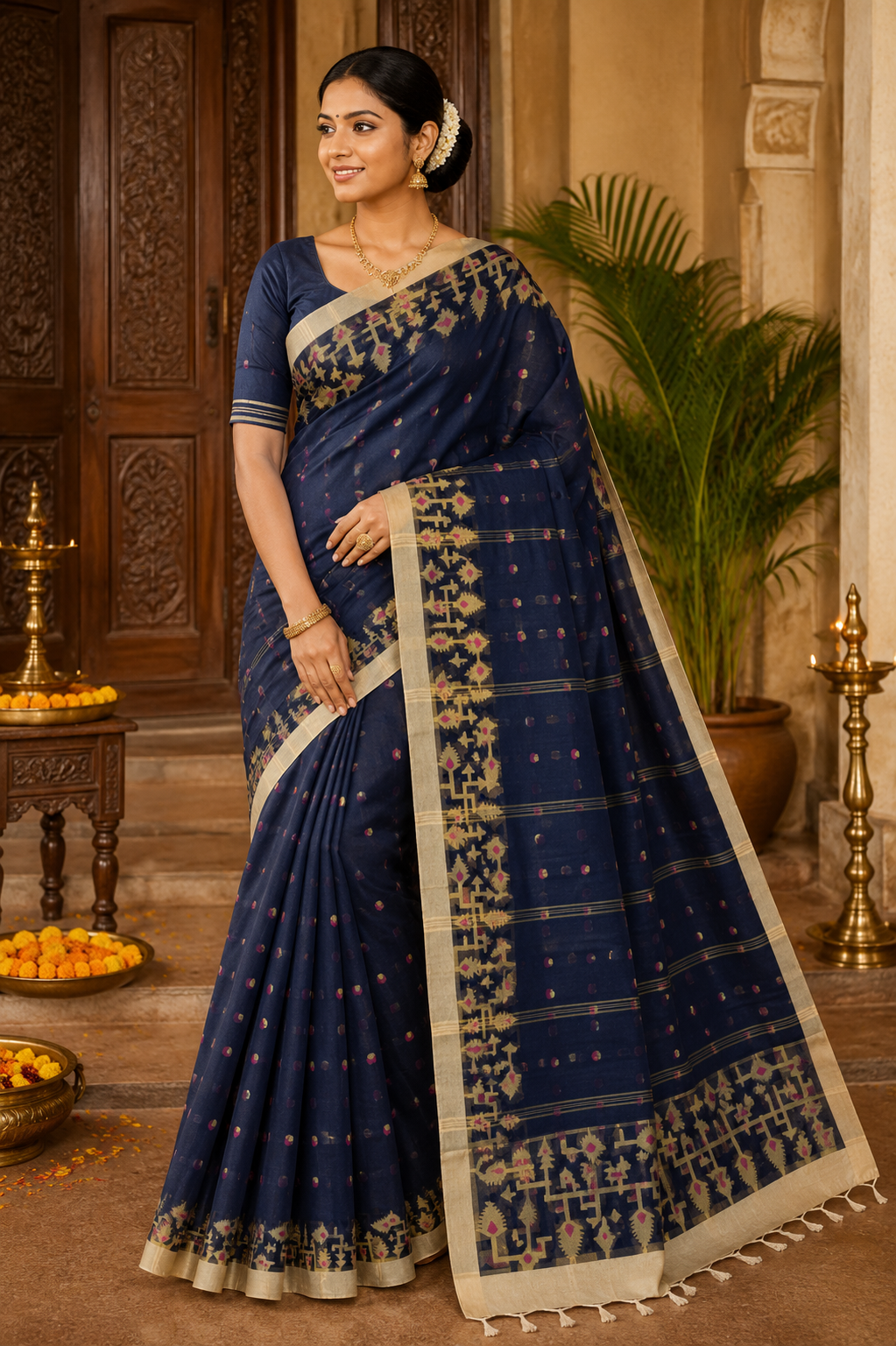 Premium Navy Blue Handloom Tant Cotton Saree with Traditional Woven Border | Bengali Tant Saree for Women