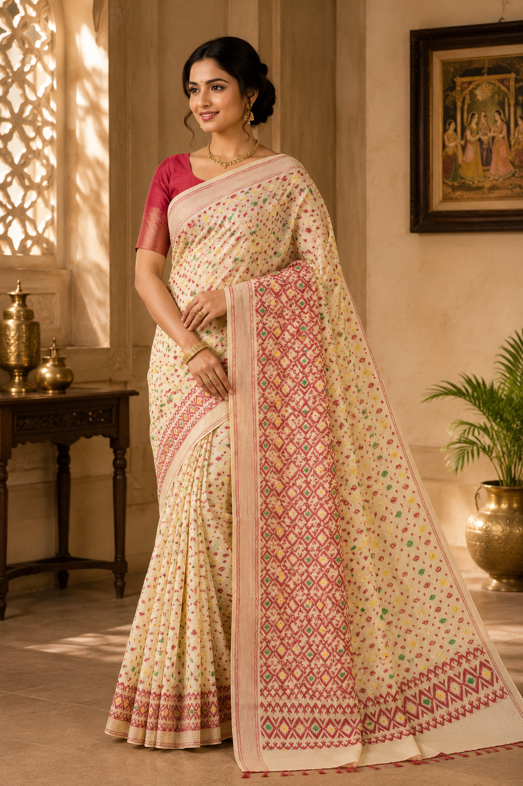 Premium Off-White Handloom Jamdani Saree with Multicolor Buti & Traditional Red Woven Pallu