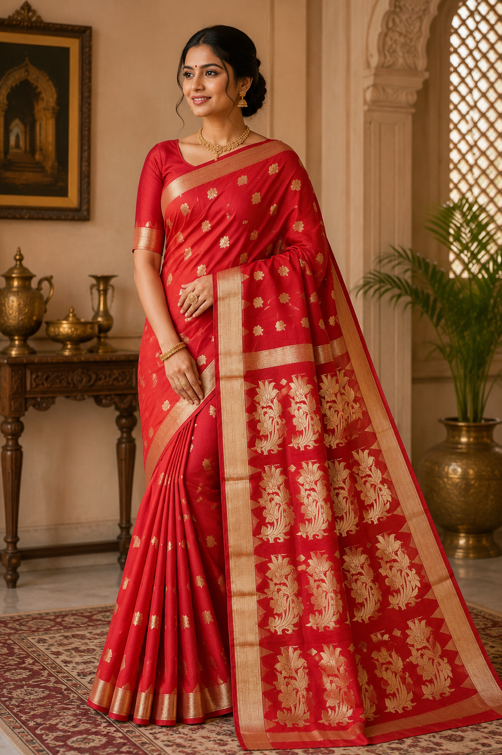Premium Red Handloom Cotton Saree with Golden Woven Floral Pallu & Traditional Border