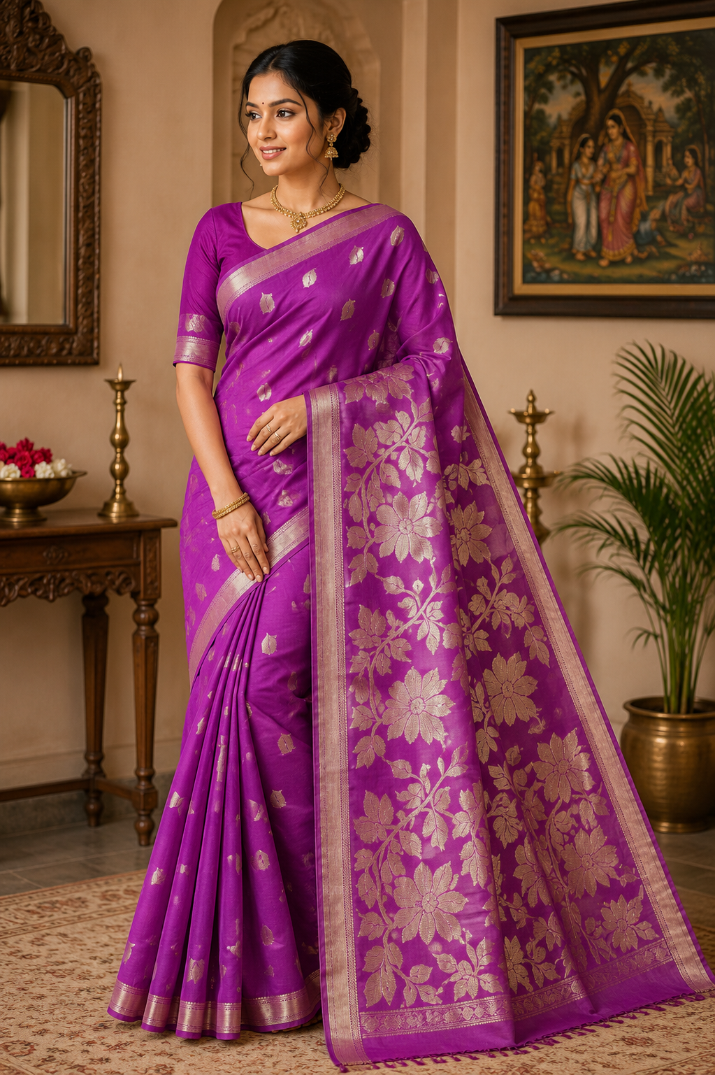 Premium Magenta Handloom Cotton Saree with Golden Floral Pallu & Zari Buti